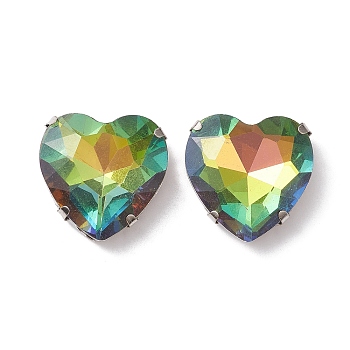 Brass Glass Cabochons, Heart, Faceted, Colorful, 27x27x11~11.5mm