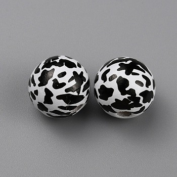 Printed Wood Beads, Animal Print Round, Black, Cow Pattern, 15.5x14.5mm, Hole: 3.5mm