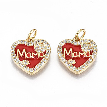 Real 16K Gold Plated Brass Micro Pave Clear Cubic Zirconia Charms, with Jump Rings and Enamel, for Mother's Day, Nickel Free, Heart with Word MaMa, Red, 14.5x14x2mm, Jump Ring: 5x0.8mm, 3.4mm inner diameter