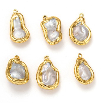 Natural Baroque Pearl Pendants, with Golden Brass Findings, Nuggets, Seashell Color, 28.5~34x16~19x9~11.5mm, Hole: 1.5~1.8mm