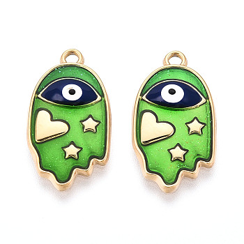 304 Stainless Steel Enamel Pendants, Paramecia, Ion Plating(IP), Real 18K Gold Plated, Lime Green, 22x12x2mm, Hole: 1.4mm