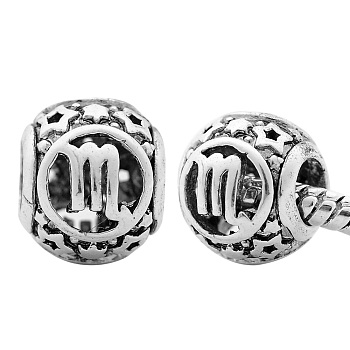 Brass European Beads, Large Hole Beads, Cadmium Free & Nickel Free & Lead Free, Antique Silver, Hollow, Barrel with Twelve Constellations Sign, Scorpio, 11x9.5mm, Hole: 5mm