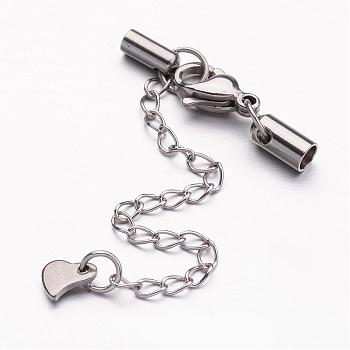 304 Stainless Steel Chain Extender, with Cord Ends and Lobster Claw Clasps, Heart Charm, Stainless Steel Color, 30mm, Hole: 3mm