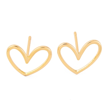 Brass Stud Earrings, with Raw(Unplated) Brass Pins and Plastic Protector, Heart, Real 18K Gold Plated, 1/2x3/8 inch(13x11mm), Pin: 0.7mm