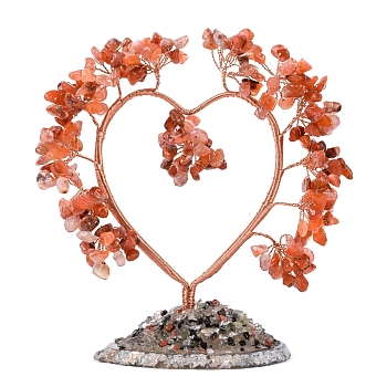 Natural Red Agate Chips Heart Tree Decorations, Copper Wire Feng Shui Energy Stone Gift for Women Men Meditation, 150x150mm