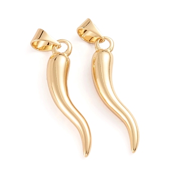 Brass Pendants, Horn of Plenty/Italian Horn Cornicello Charms, Real 18K Gold Plated, 26x6x5mm, Hole: 5.5x4mm