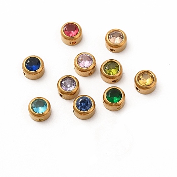 Eco-Friendly 304 Stainless Steel Beads, with Glass, Flat Round, Mixed Color, 6x4mm, Hole: 1.2mm