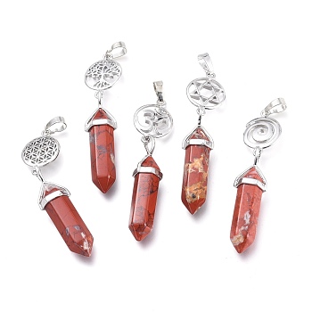 Natural Red Jasper Pointed Big Pendants, Double Terminated Pointed, with Platinum Plated Brass Findings, Faceted, Bullet, 59~67x14~15mm, Hole: 7x5mm, Gemstone: 41~44x8mm