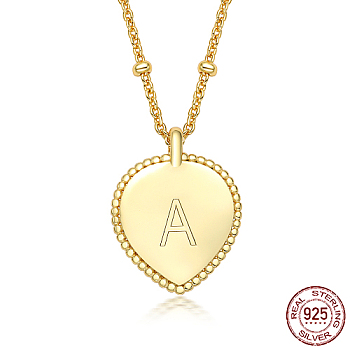 925 Sterling Silver Satellite Chains Pendant Necklaces, Heart, Golden, Letter A, 15.75 inch(40cm)