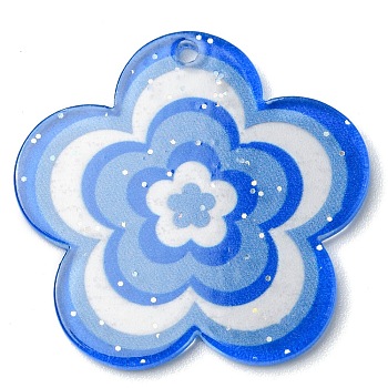 Acrylic Pendants with Glitter Powder, Flower, Cornflower Blue, 30.5x31.5x1.8mm, Hole: 1.8mm