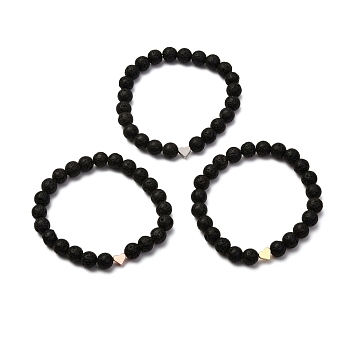 Natural Lava Rock Stretch Bracelets Sets, Oil Diffuser Yoga Menditation Beads Bracelets for Men Women Girls Jewelry, Brass Heart Bracelets, Inner Diameter: 2-3/8 inch(6cm), 3pcs/set