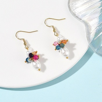 Natural Agate & Shell Pearl Dangle Earrings, 304 Stainless Steel Dangle Earrings for Women, Teardrop, Golden, 40.5x12.5mm
