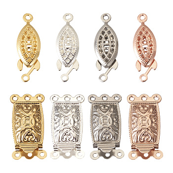 8Pcs 8 Styles 304 Stainless Steel Box Clasps, Multi-Strand Clasps, 3-Strand, 6-Hole, Rectangle & Horse Eye, Mixed Color, 21~21.5x7~10x4~4.5mm, Hole: 1mm, 1pc/style