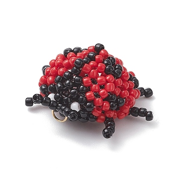 TOHO Glass Seed Beaded Ladybug Pendants, with 304 Stainless Steel Jump Rings, Real 18K Gold Plated, Red, 26x30x10mm, Hole: 3mm