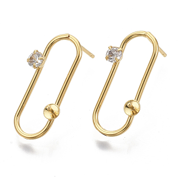 Brass Micro Pave Clear Cubic Zirconia Stud Earring Findings, Real 18K Gold Plated, For Half Drilled Beads, Nickel Free, Ring, 20x9mm, Pin: 1mm, Pin: 1mm(For Half Drilled Beads)