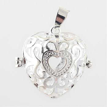 Rack Plating Brass Cage Pendants, For Chime Ball Pendant Necklaces Making, Hollow Heart, Silver Color Plated, 27x28x23mm, Hole: 4x6mm, inner measure: 20x20mm