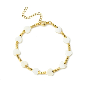Natural Shell Heart & Brass Beaded Bracelet for Women, Golden, 7-7/8 inch(20.1cm)