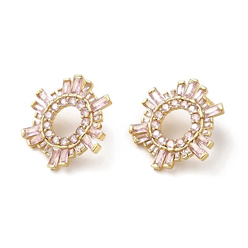 Pink Cubic Zirconia Sun Stud Earrings, Rack Plating Brass Earrings for Women, Lead Free & Cadmium Free, Real 18K Gold Plated, 26x24.5mm