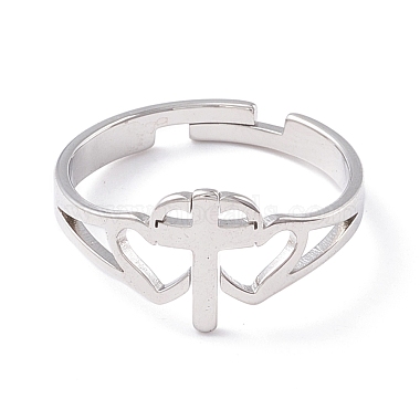 Double coeur avec croix 304 anneau réglable en acier inoxydable pour femme(RJEW-B035-06P)-2