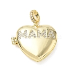 Mother's Day Brass Micro Pave Clear Cubic Zirconia Locket Pendants, Heart with Word MAMA Charms, Long-Lasting Plated, Rack Plating, Lead Free & Cadmium Free, Real 18K Gold Plated, 32mm, Hole: 5x3mm(KK-CBA56EF-02G)