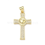 Brass Micro Pave Clear Cubic Zirconia Pendants, Cross Charms, Real 16K Gold Plated, Heart, 27.5x15.5x2.5mm, Hole: 4.5x3.5mm(KK-P350-16G-01)