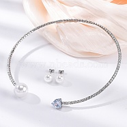 Round Plastic Imitation Pearl Stud Earrings & Heart Cubic Zirconia Rhinestone Cuff Choker Necklaces Sets, 304 Stainless Steel Jewerly Set for Women, Stainless Steel Color, Inner Diameter: 4.43 inch(112.5mm)(SJEW-U003-10P)