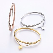 304 Stainless Steel Bangles, with Rhinestone, Heart, Mixed Color, 5.8x4.8cm, 1.5~6mm(BJEW-P223-09)