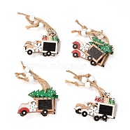 Christmas Theme Wood Big Pendant Decorations, with Hemp Rope and Wood Beads, Car with Gift Boxes & Christmas Tree, Mixed Color, 100~105mm, 12pcs/box, Box: about 140x140x18mm(HJEW-F011-03)