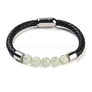 Natural Prehnite Round Round Bead Braided Leather Cord Bracelets for Men Women, with Ion Plating(IP) 304 Stainless Steel Magnetic Clasps, 8-1/4 inch(21cm)(BJEW-A009-11P-08)