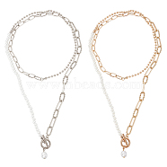 2Pcs 2 Colors Plastic Imitation Pearl Beaded Necklaces Set, Alloy & Iron Paperclip & Ball Chains Stackable Necklaces for Women, Platinum & Light Gold, 34.88 inch(88.6cm), 1Pc/color(NJEW-AN0001-10)