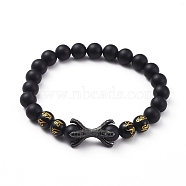 Natural Black Agate(Dyed) Beads Stretch Bracelets, with Round Carved Om Mani Padme Hum Natural Obsidian Beads and Brass Cubic Zirconia Beads, Gunmetal, 2-1/8 inch(5.5cm)(BJEW-JB04801-01)