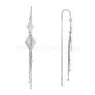 Clear Cubic Zirconia Rhombus with Chain Tassel Dangle Earrings, Rhodium Plated 925 Sterling Silver Long Drop Ear Thread for Women, Platinum, 76x10.3mm, Pin: 0.8mm(JE1041A)