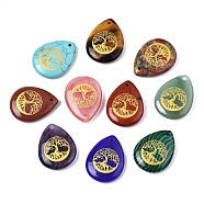 Natural & Synthetic Gemstone Pendants, Teardrop with Tree of Life Pattern, 32~33.5x25~26x6.5~7.5mm, Hole: 2mm, 6pcs/bag(G-T122-71)