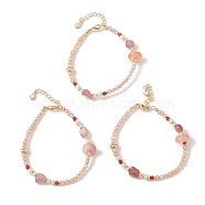 Natural Strawberry Quartz & Agate & Natural Pearl Beaded Bracelets, Brass Shell Shaped Bracelets for Women, Real 14K Gold Plated, 6-1/2 inch(16.5cm)(BJEW-C068-08G)