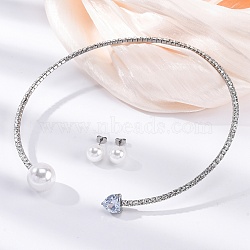 Round Plastic Imitation Pearl Stud Earrings & Heart Cubic Zirconia Rhinestone Cuff Choker Necklaces Sets, 304 Stainless Steel Jewerly Set for Women, Stainless Steel Color, Inner Diameter: 4.43 inch(112.5mm)(SJEW-U003-10P)