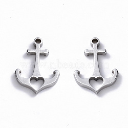 Non-Tarnish 304 Stainless Steel Charms, Laser Cut, Anchor with Heart, Stainless Steel Color, 15x11x1mm, Hole: 1.2mm(STAS-N092-100)