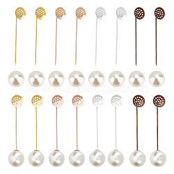 32 Sets 4 Colors Brass Brooch Pins Findings, Sieve Base Settings, with Plastic Imitation Pearl Beads, Round, Mixed Color, 67x15.6mm, Tray: 12mm, 8 Sets/color(KK-NB0002-73)