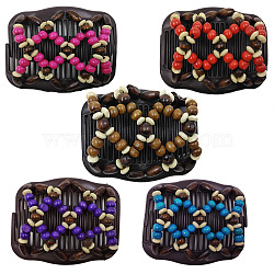 Plastic Hair Bun Maker, Stretch Double Hair Comb, with Wood Beads, Mixed Color, 80x105mm(OHAR-S197-019)