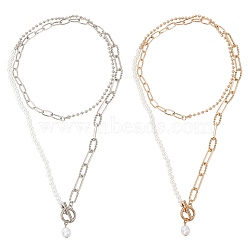 2Pcs 2 Colors Plastic Imitation Pearl Beaded Necklaces Set, Alloy & Iron Paperclip & Ball Chains Stackable Necklaces for Women, Platinum & Light Gold, 34.88 inch(88.6cm), 1Pc/color(NJEW-AN0001-10)