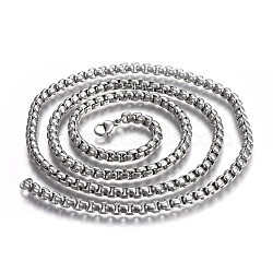 304 Stainless Steel Box Chain Necklaces, with Lobster Claw Clasps, Stainless Steel Color, 31.4 inch(80cm), 5.0mm(NJEW-O110-05J-P)