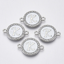 Alloy Enamel Links Connectors, with Crystal Rhinestones, Flat Round with Letter, Silver Color Plated, Letter.K, 22x16x2mm, Hole: 1.8mm(ENAM-TAC0003-01S-04K)