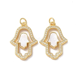 Brass Micro Pave Cubic Zirconia Pendants, with Shell, Real 18K Gold Plated, Hamsa Hand, Clear, 24x17x2.5mm, Hole: 3mm(KK-B083-21G)