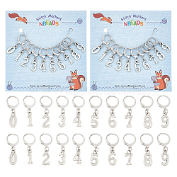 Alloy Number Pendant Locking Stitch Markers, 304 Stainless Steel Clasp Stitch Marker, Platinum & Stainless Steel Color, 3.1cm, 10 style, 1pc/style, 10pcs/set(HJEW-PH01840)