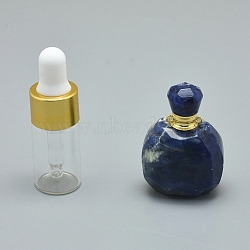 Natural Sodalite Openable Perfume Bottle Pendants, with Brass Findings and Glass Essential Oil Bottles, 39~50x26~29x16~21mm, Hole: 1.2mm; Glass Bottle Capacity: 3ml(0.101 fl. oz); Gemstone Capacity: 1ml(0.03 fl. oz)(G-E556-20C)