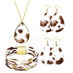 Cow Print Imitation Leather Teardrop Pendant Necklace & Dangle Earrings & Multi-Strand Bracelet, Golden Alloy Jewelry Set for Women, Sienna, 850mm, 78x37mm, 80x39mm, 192mm In Diameter(JX529J)