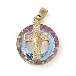 Brass Micro Pave Cubic Zirconia with Glass Pendents, Long-Lasting Plated, Cross, Lilac, 25x20x10mm, Hole: 6x3mm(KK-Q815-01G-02)