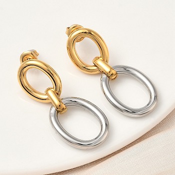 304 Stainless Steel Two Tone Oval Dangle Stud Earrings, Ion Plating(IP), Golden & Stainless Steel Color, 38.5x16.5mm