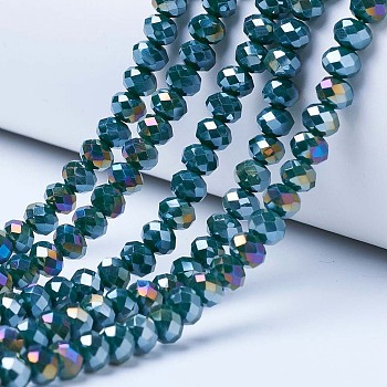 Electroplate Glass Beads Strands, Opaque Solid Color, AB Color Plated, Faceted, Rondelle, Teal, 3.5~3.8x3mm, Hole: 0.4mm, about 113~115pcs/strand, 32.5~33cm