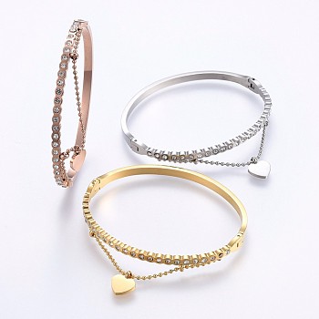 304 Stainless Steel Bangles, with Rhinestone, Heart, Mixed Color, 5.8x4.8cm, 1.5~6mm