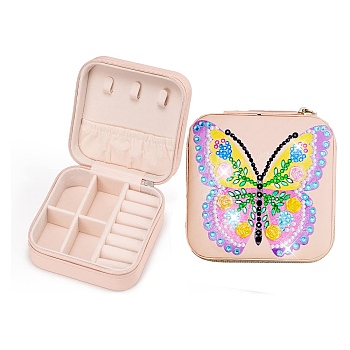 Imitation Leather Butterfly Diamond Jewelry Box Sets, DIY Handmade Portable Diamond Sticking Fashion Jewelry Box, Include Diamond Pack, Diamond Material Pack Pen, Diamond Tray, Clay Glue, Misty Rose, 100x100x50mm